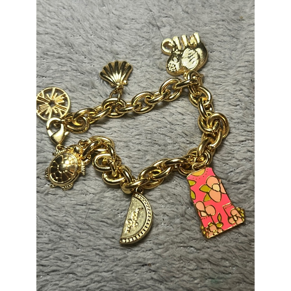 Lilly Pulitzer Gold Tone Charm Bracelet Florida Coastal Beach Theme 8" NWOT